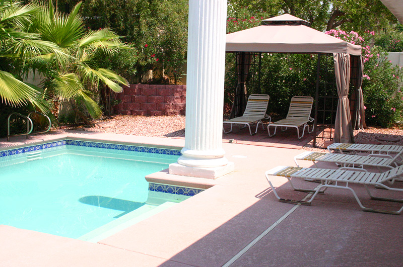 pool lounge chairs are from the Riviera resort casino