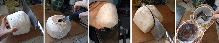 How to chop open a coconut.Fresh young Thai white coconuts can be cut open with a cleaver to remove the liquid and meat inside