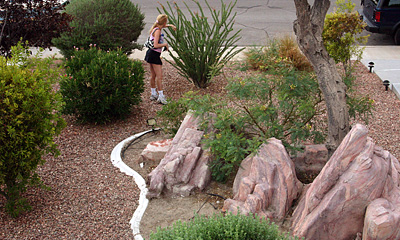 debbie in front yard with fake rocks