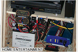 the home entertainment system with loud surround sound system has enough power to watch movies all night long with stored solar power