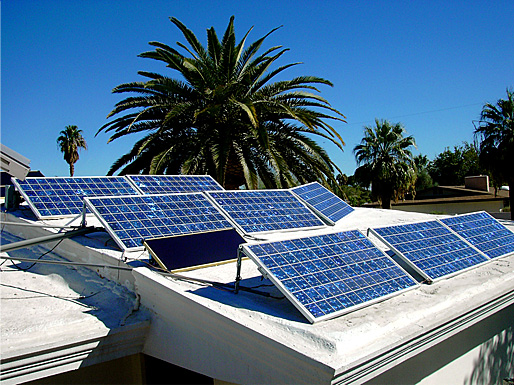 pv panels on roof of solar powered home. Solar panels make no noise