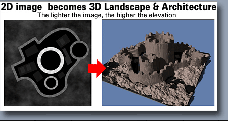 Carrara landscape generator used to create a castle and landscape from a 2D black and white grey scale image